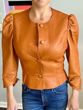 Tory Burch Leather Peplum Jacket in Cognac – Size 2